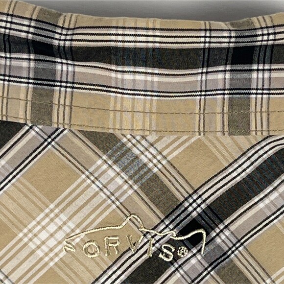 Orvis Trout Bum Sz Mens L Long-Sleeve Snap Western Fishing Shirt Tan Blk Striped - Picture 9 of 14